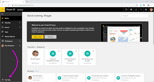 Get Data Button Screen - Power BI Sales Dashboard